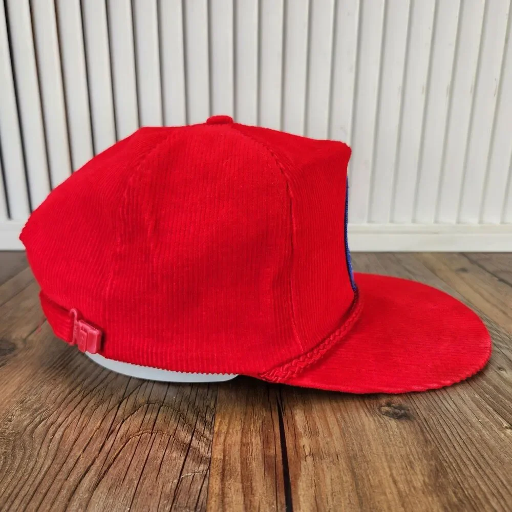 VTG Harry Gaines Kenai River Fishing Guide Patch Strapback Hat Red Corduroy Rope